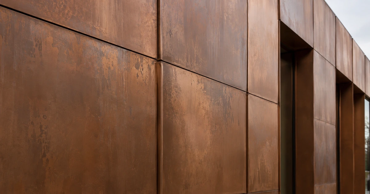 Brown copper facade panels with visible seams and varied surface patina