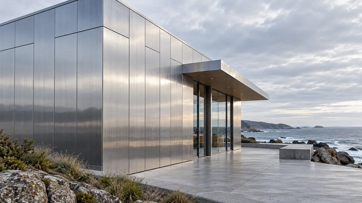Satin stainless steel facade with a projecting canopy beside a coastal landscape.