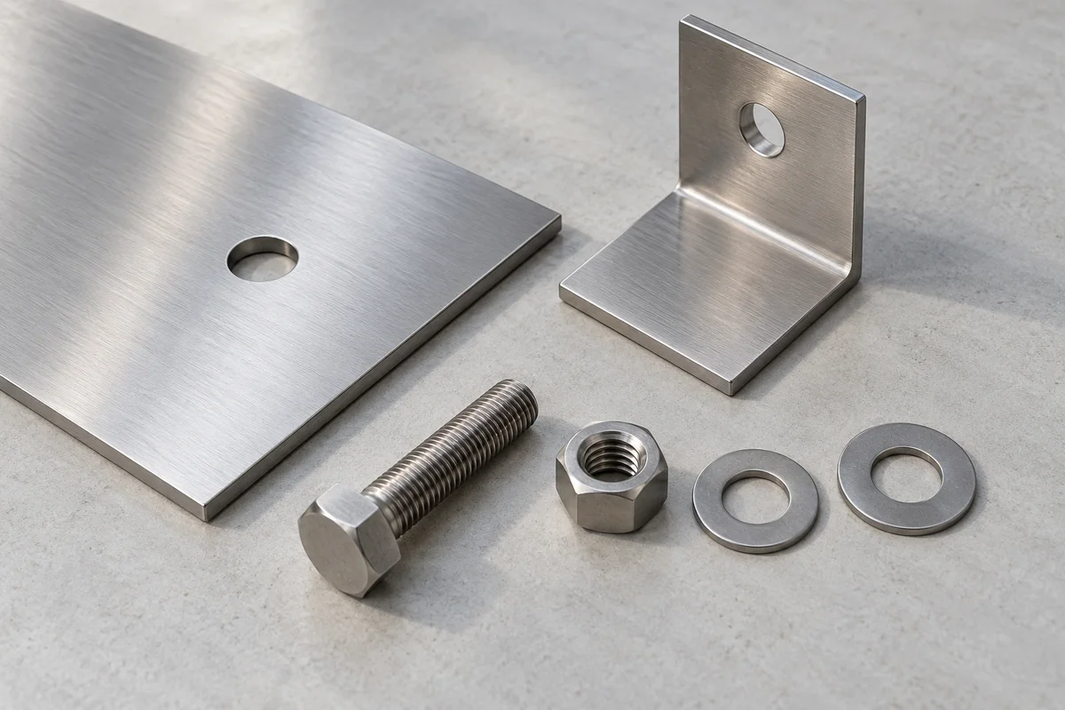 Separate stainless panel coupon, angle bracket, bolt, nut and flat washers arranged on a workbench.