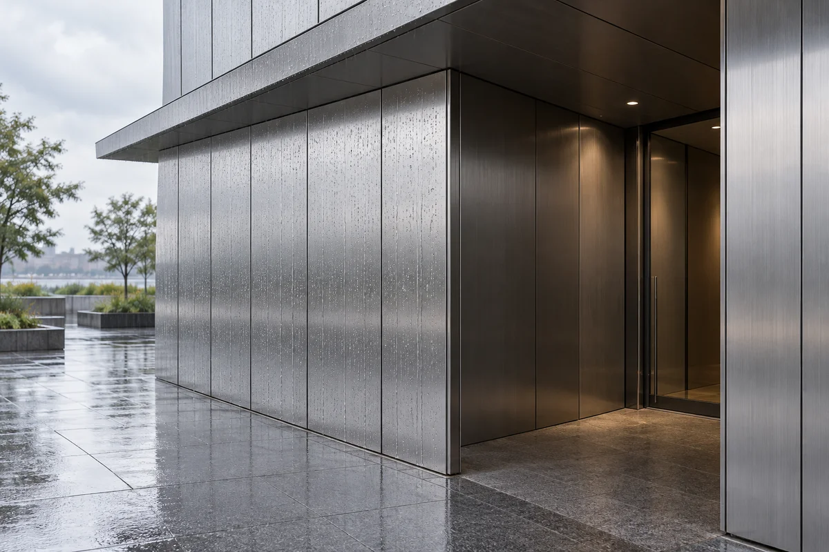 Rain-damp stainless wall beside a recessed, sheltered entrance beneath a canopy.