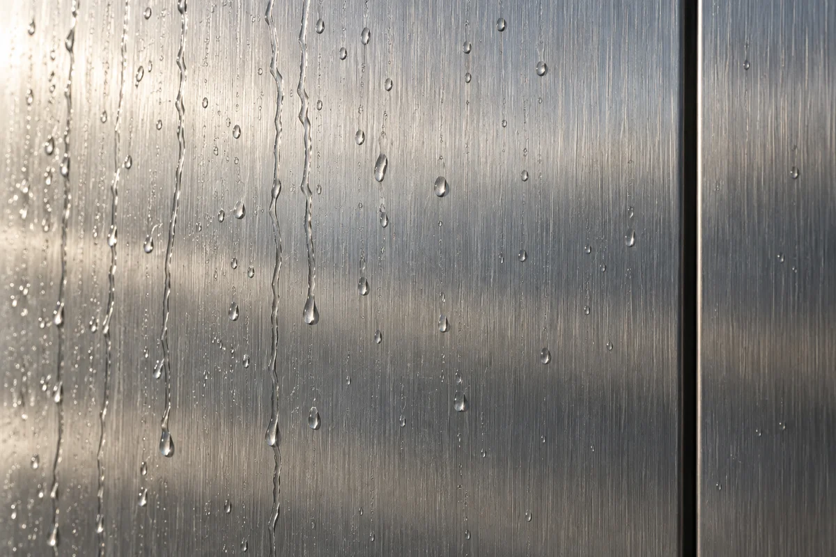 Vertical brushed grain and downward water trails on a stainless steel panel beside a recessed seam.