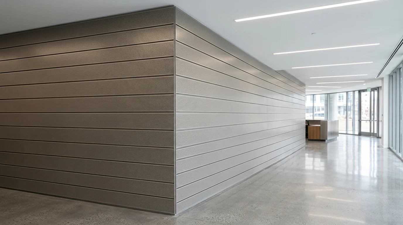Horizontal microperforated metal wall panels installed along a commercial interior corridor wall.