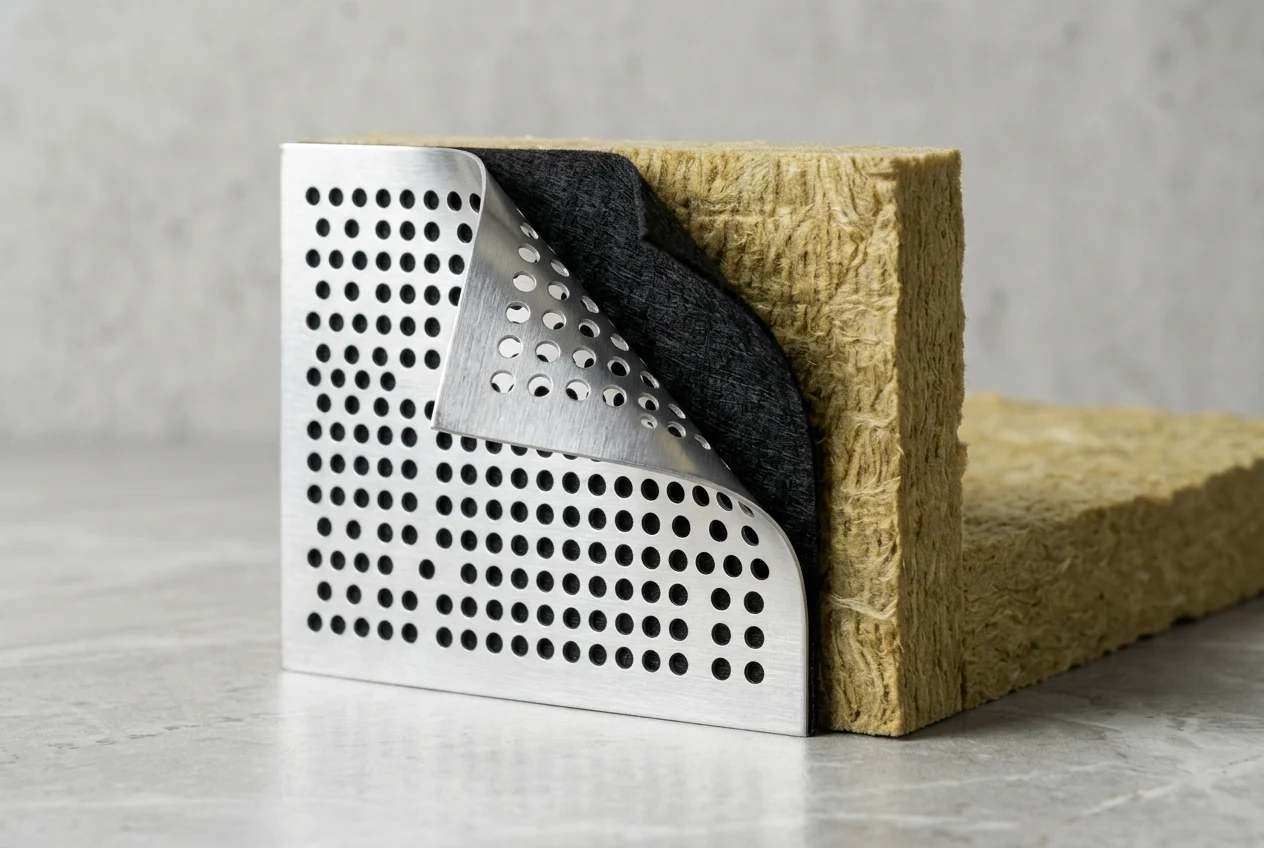 Layered cutaway showing a perforated metal panel face, thin black acoustic nonwoven backing, and stone wool insulation.
