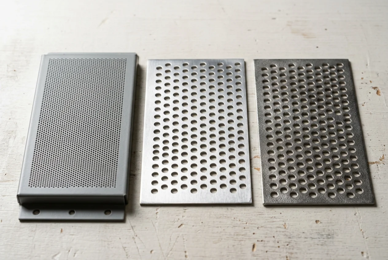 Three perforated metal wall panel sample coupons showing microperforated plank, circular-perforated sheet, and textured stainless steel.