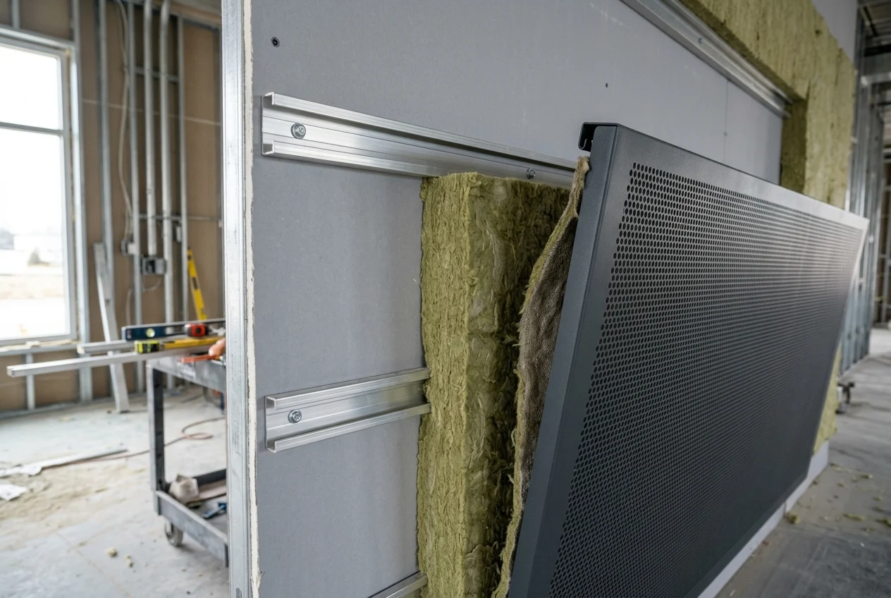 Horizontal metal Z-clip attachment rails and stone wool insulation mounted on an interior wall behind a perforated metal panel.