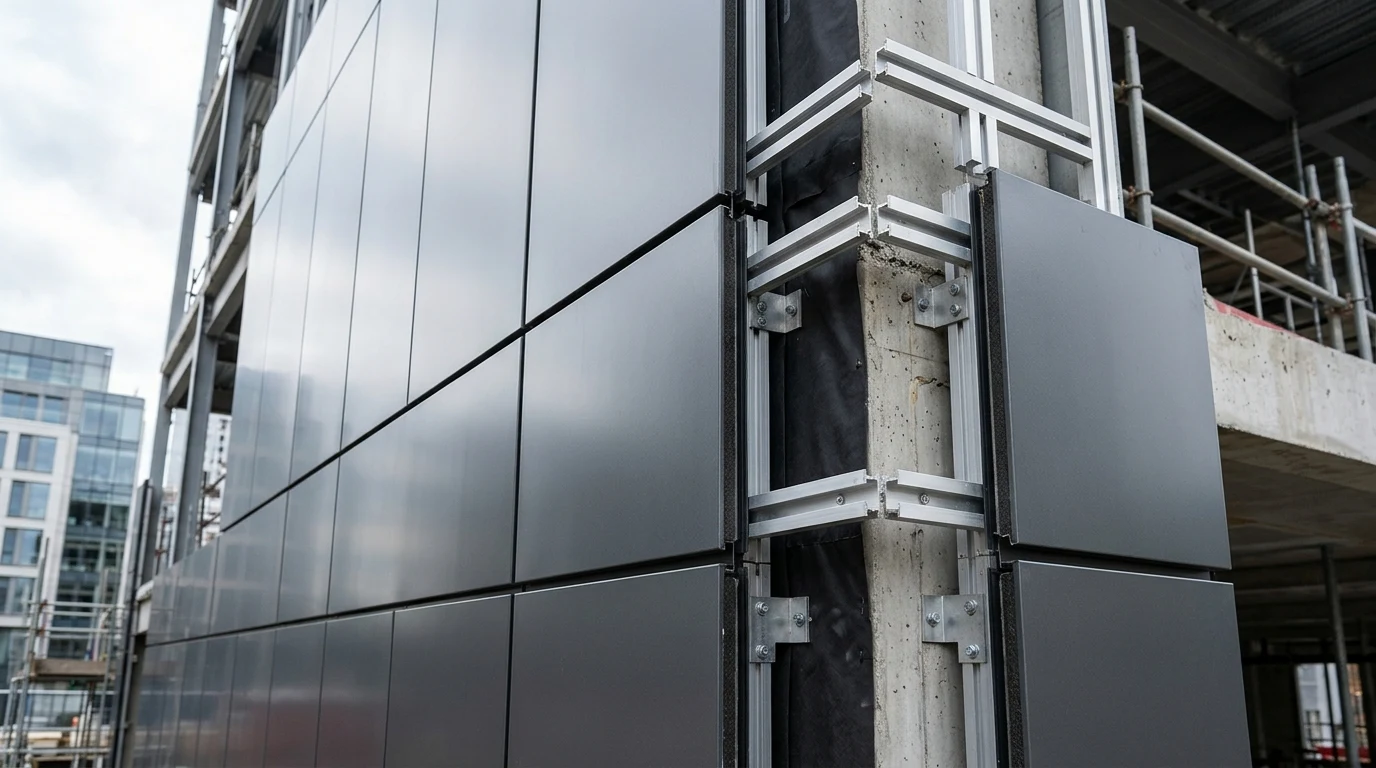 Exterior aluminum rainscreen wall panels installed with vertical and horizontal expansion reveal joints over an aluminum sub-frame.