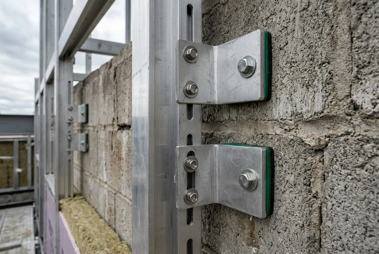 Extruded aluminum rainscreen support rail attached to wall brackets with round fixed holes and elongated slotted expansion holes.