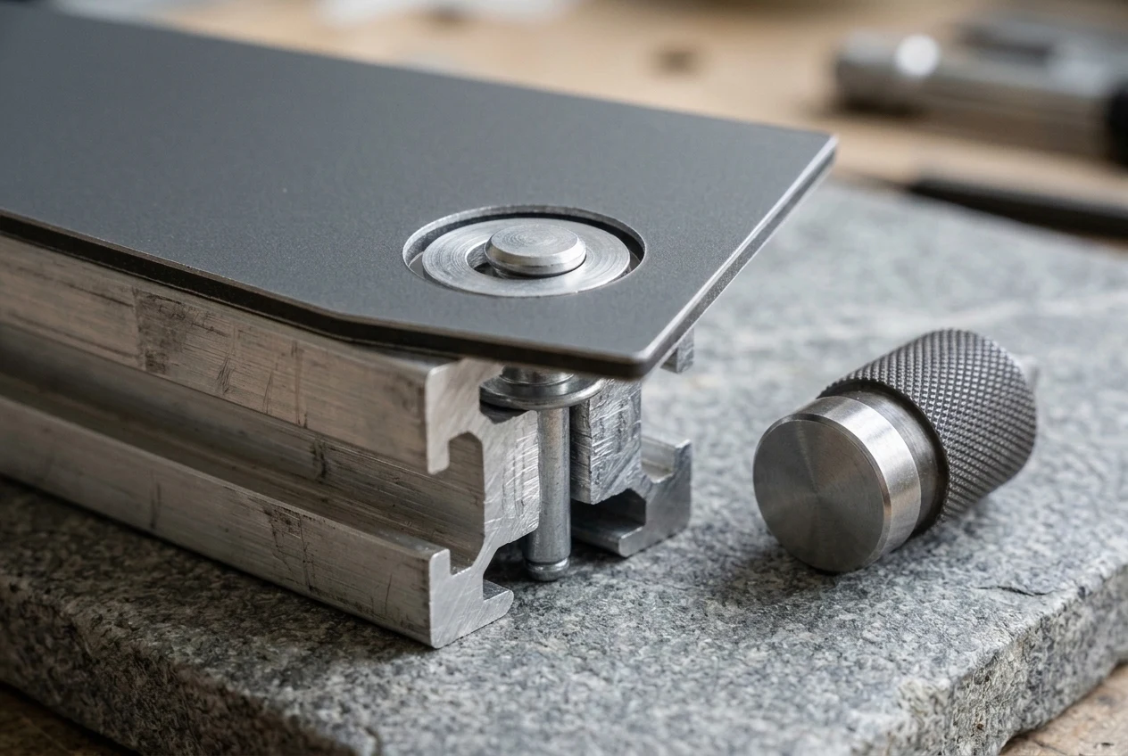 Close-up of a centered blind rivet inside an oversized panel clearance hole over an aluminum support rail beside a stand-off nosepiece tool.