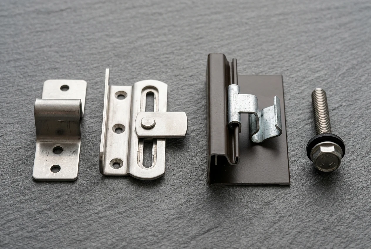 Stainless steel fixed clip, slotted sliding clip, galvanized concealed hem clip, and fascia screw with an EPDM washer on a workbench.