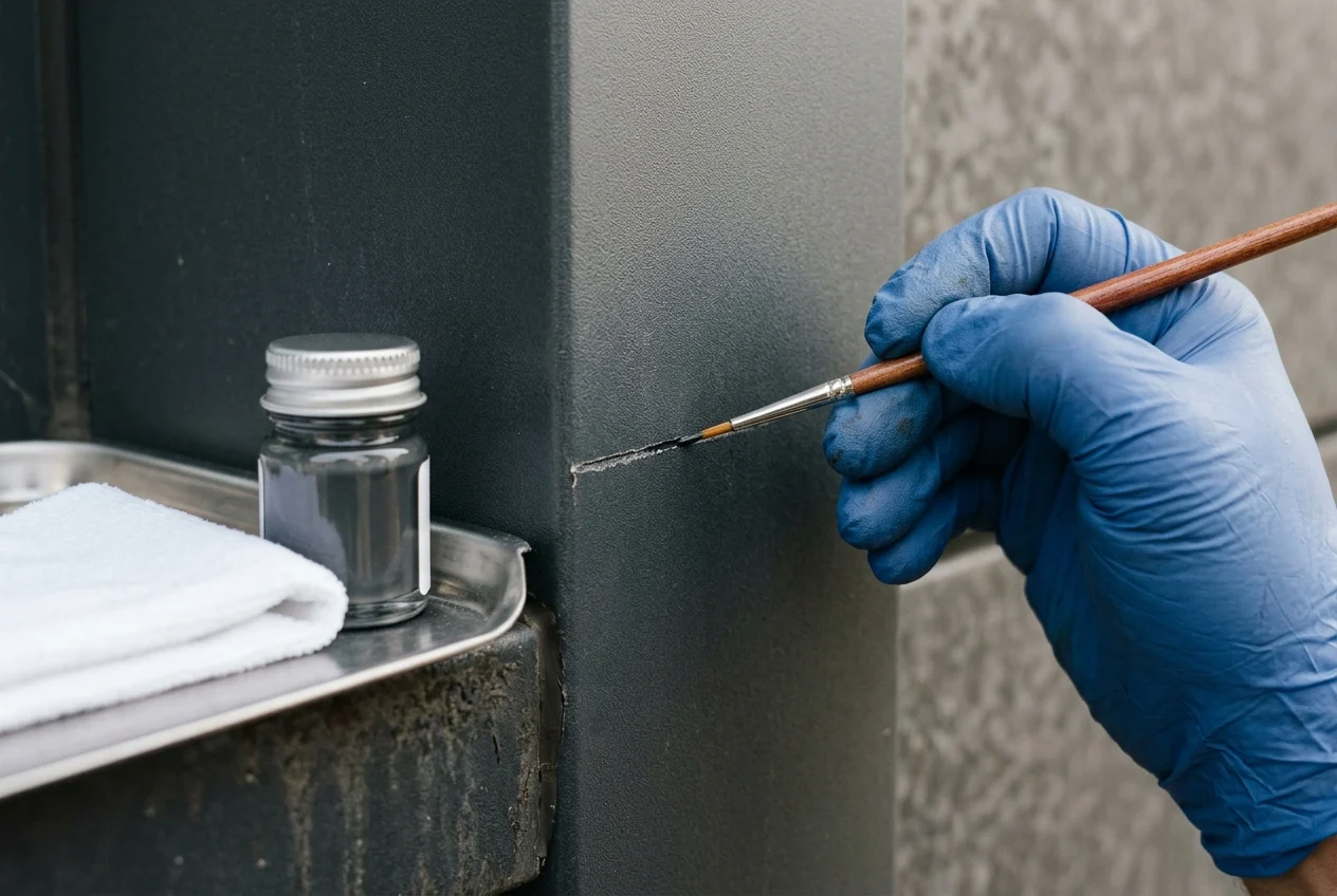 Gloved technician touching only the narrow edge of a fine artist brush to a linear scratch on a dark painted metal wall panel.