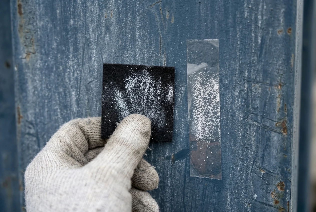 Close-up of dark felt cloth and pressure-sensitive adhesive tape pressed onto a weathered metal wall panel to inspect surface chalk residue.