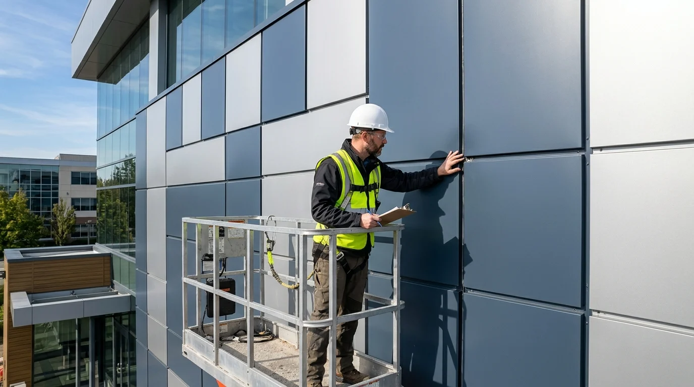 Exterior commercial facade clad in dark fluoropolymer-coated aluminum wall panels inspected along a panel joint in daylight.