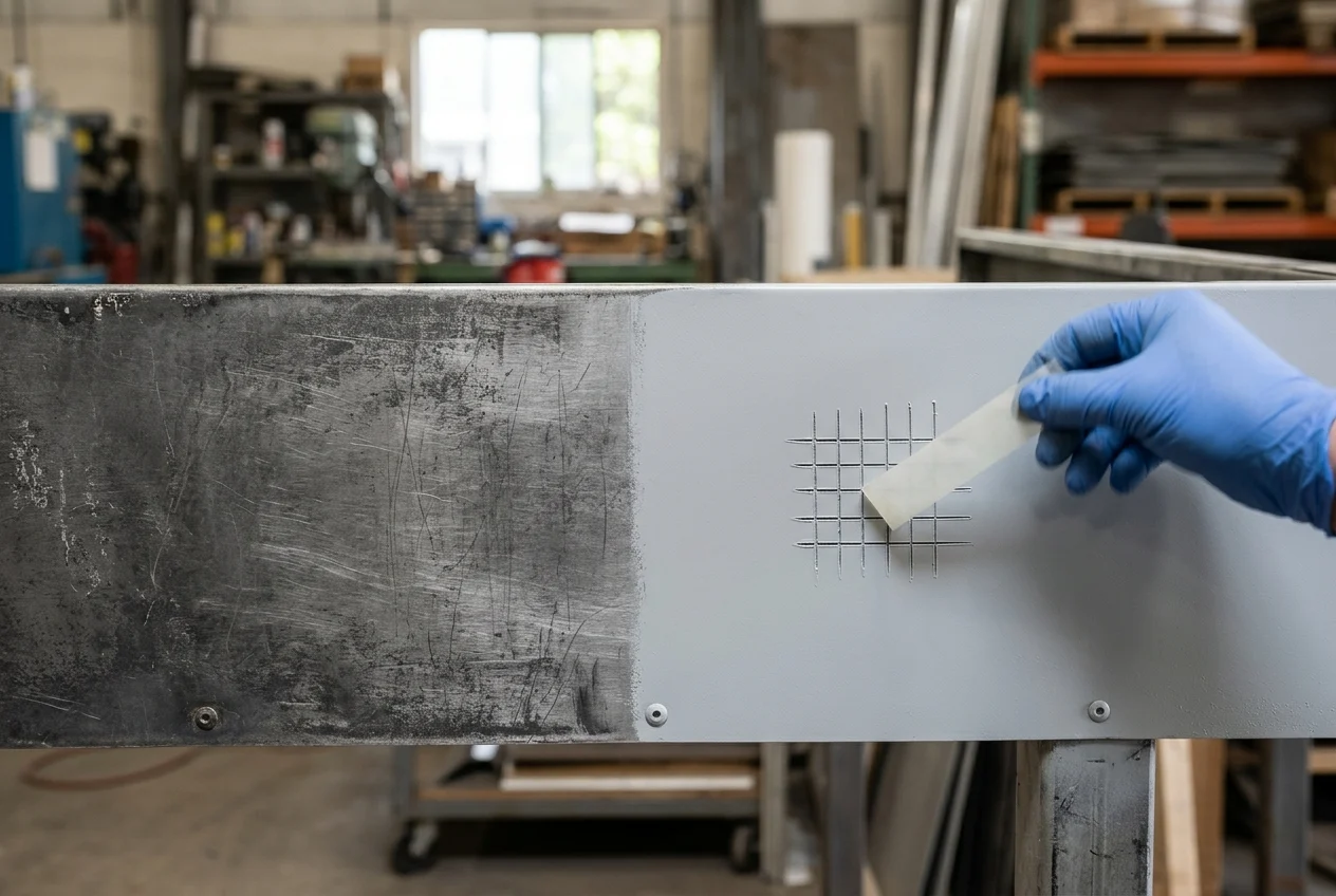 Close-up of an abraded matte fluoropolymer metal panel surface beside an applied gray epoxy bonding primer coat and cross-hatch tape test grid.