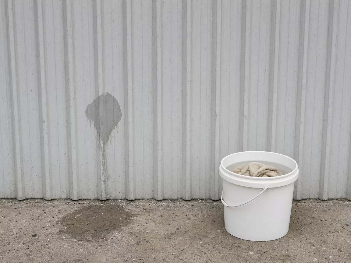 Ribbed pale metal wall with one dark wet patch and a drip, next to a blank white bucket holding water and a cloth.
