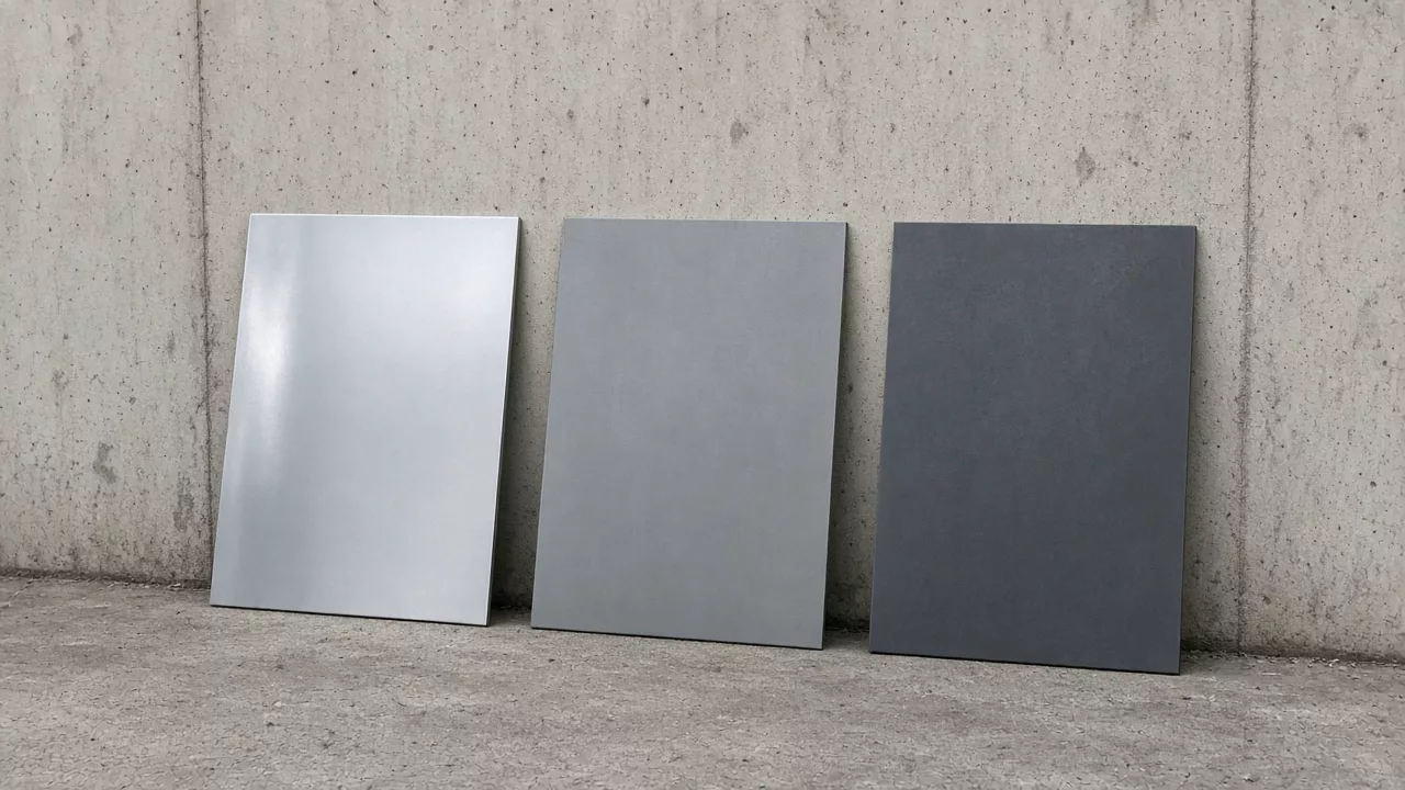 Three unlabeled metal sheets leaning on concrete: glossy light gray, matte gray, and darker matte gray.