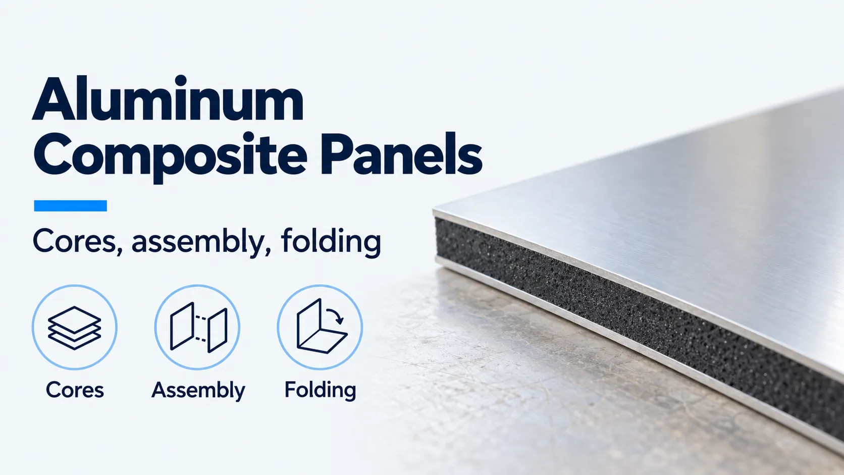 Aluminum composite panel edge labeled Cores, Assembly and Folding