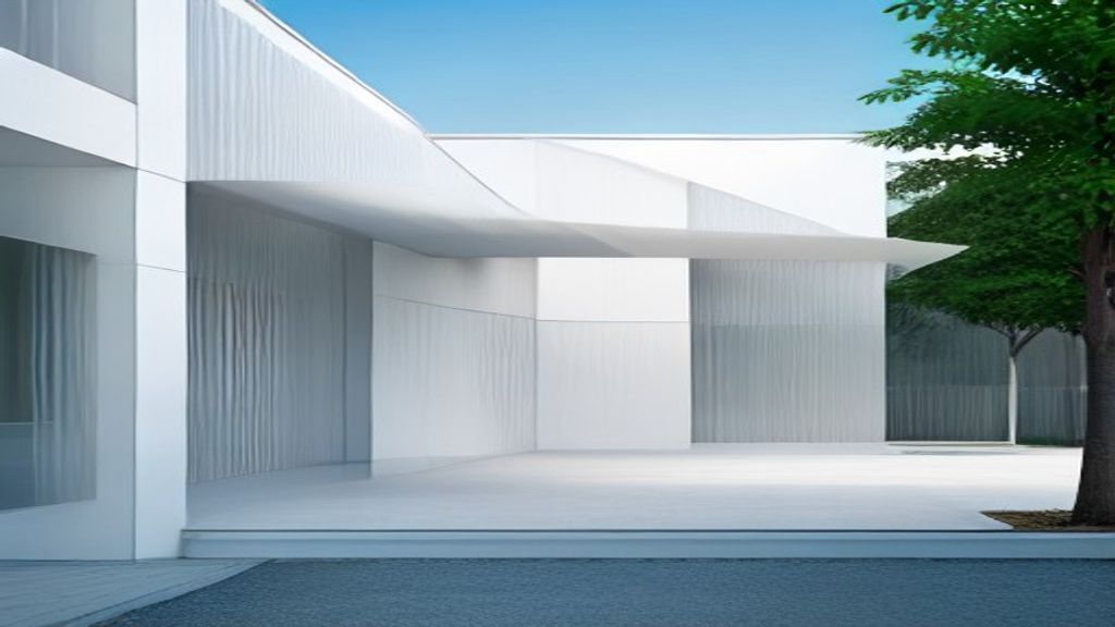 Flat metal composite material facade trays with thin joints.