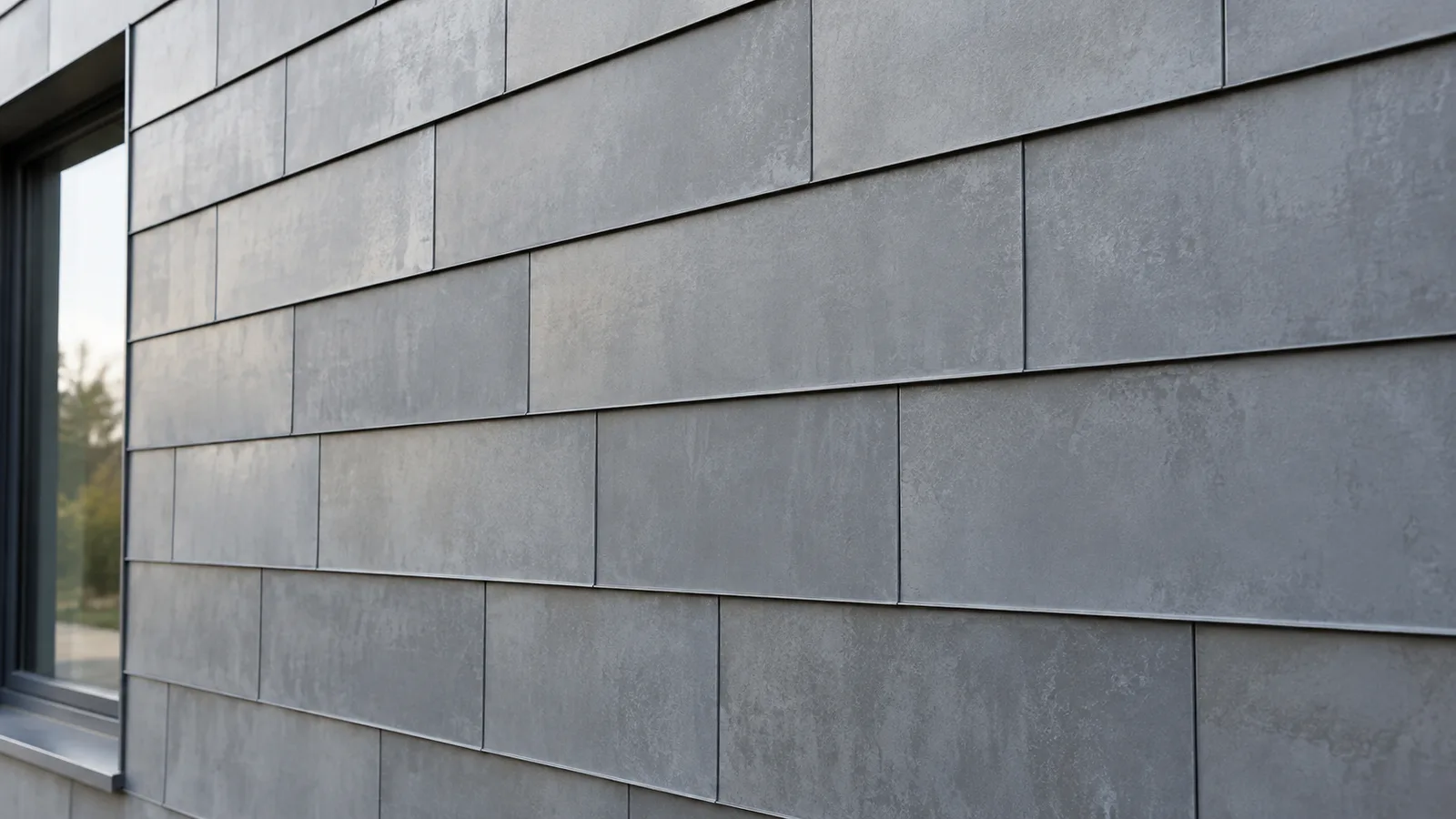 Exterior wall clad in small flat metal panels with folded interlocking seams in staggered horizontal rows.