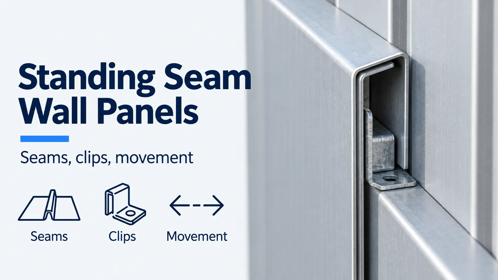 Standing seam wall panels with a concealed clip, labeled Seams, Clips and Movement