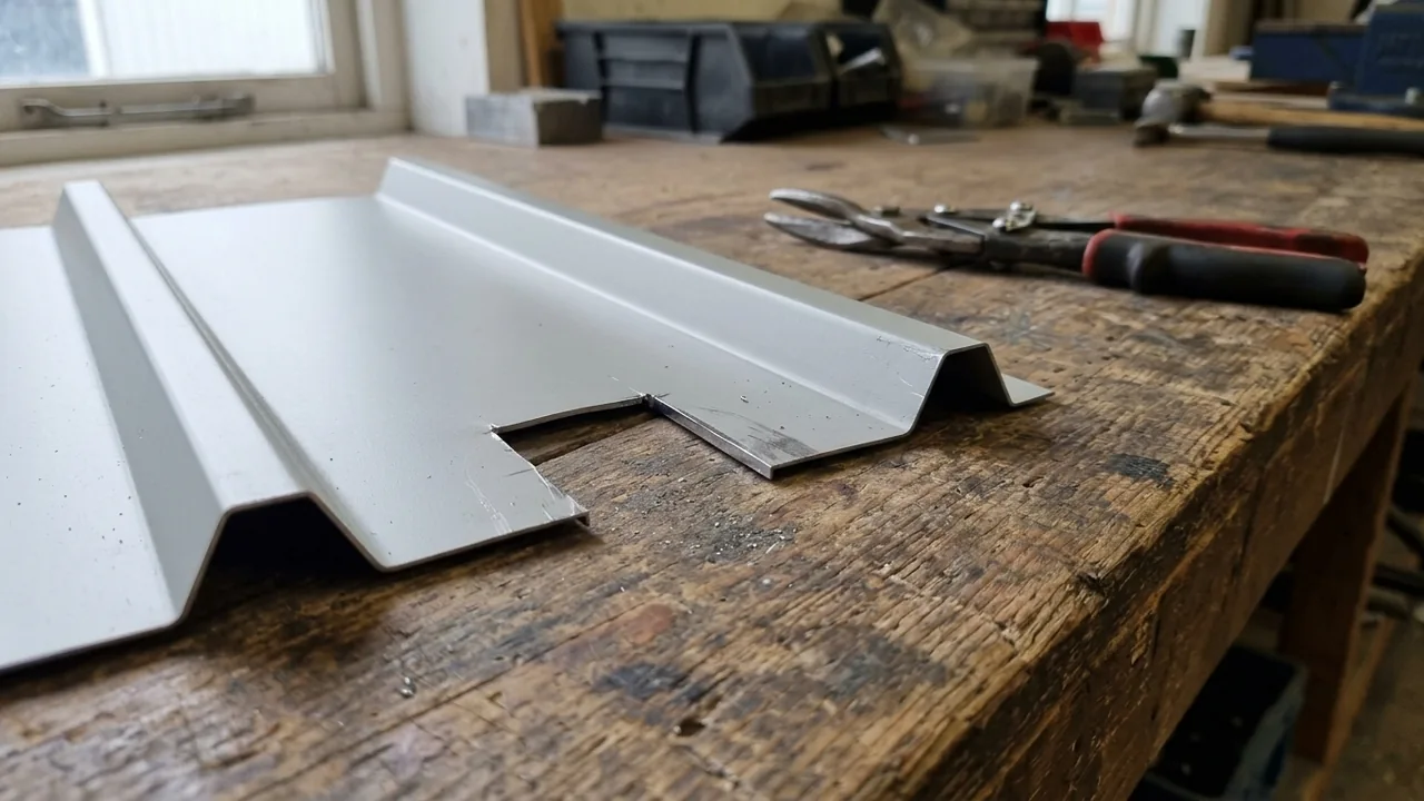 Notched gray metal offcut with a folded edge on a wooden bench, with snips beside it.