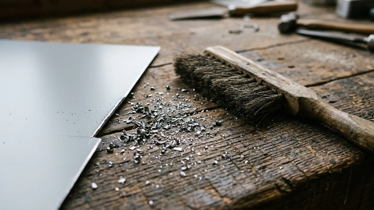 Small metal chips on wood beside a gray sheet-metal edge and a soft-bristle brush.