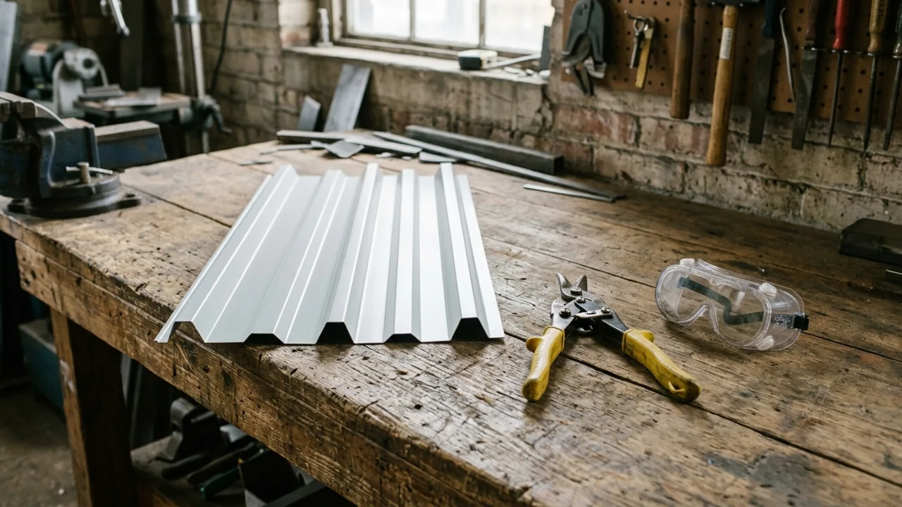 Gray ribbed metal panel on a wooden bench beside aviation snips and clear safety goggles.