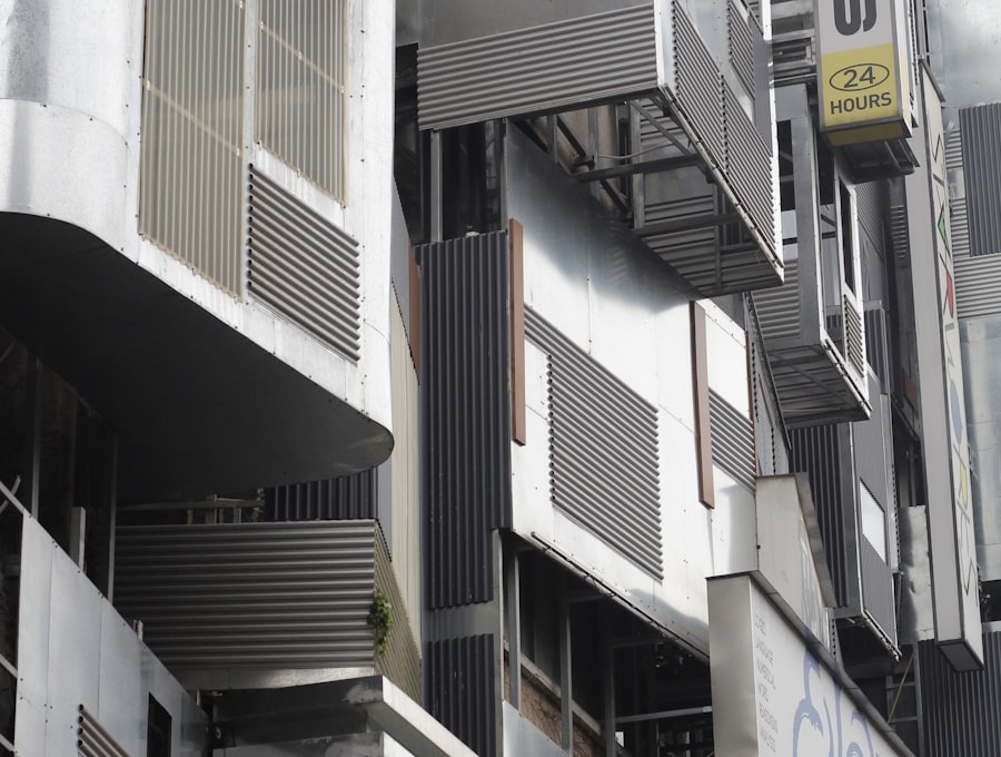 Corrugated metal wall panels with repeating ribs.