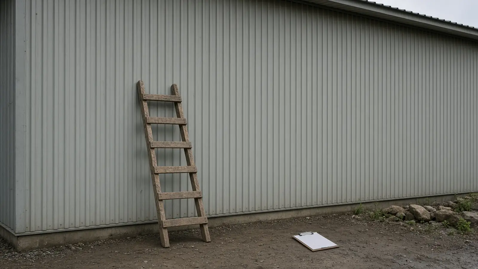 A wooden ladder and a blank clipboard beside a plain corrugated metal wall