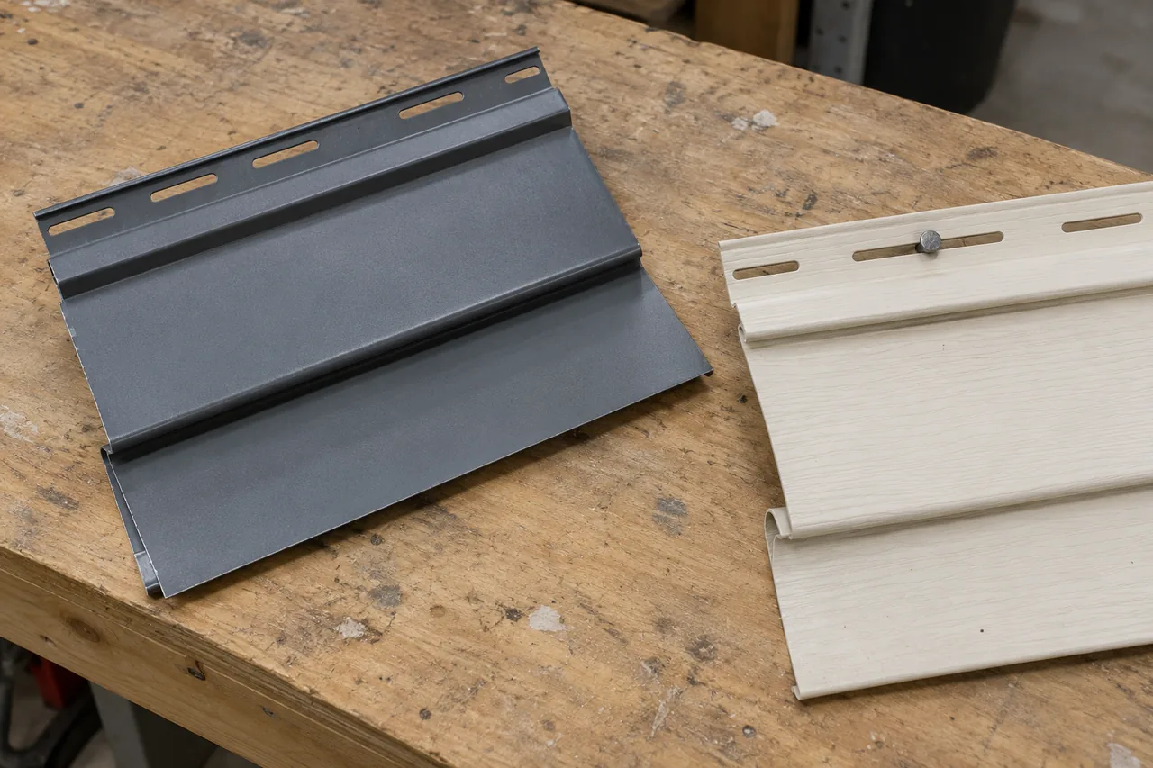 Matte slate-gray formed sheet-metal lap siding sample beside a pale cream vinyl lap siding sample with a galvanized nail centered in a nailing slot on a plywood workbench.