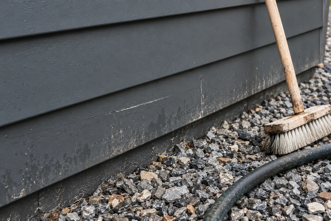 Lower courses of matte charcoal-gray horizontal steel lap siding above a crushed-stone gravel drip edge, showing a narrow horizontal surface scratch and dried rain-splash dirt beside a soft-bristle wash brush and garden hose.
