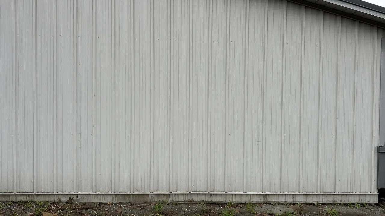 Ribbed pale metal wall under a gray sky, with dirt along the base and a dark roof edge.