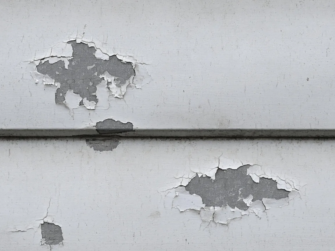 Pale paint flaked off a metal panel in several patches, with gray metal showing in the gaps.