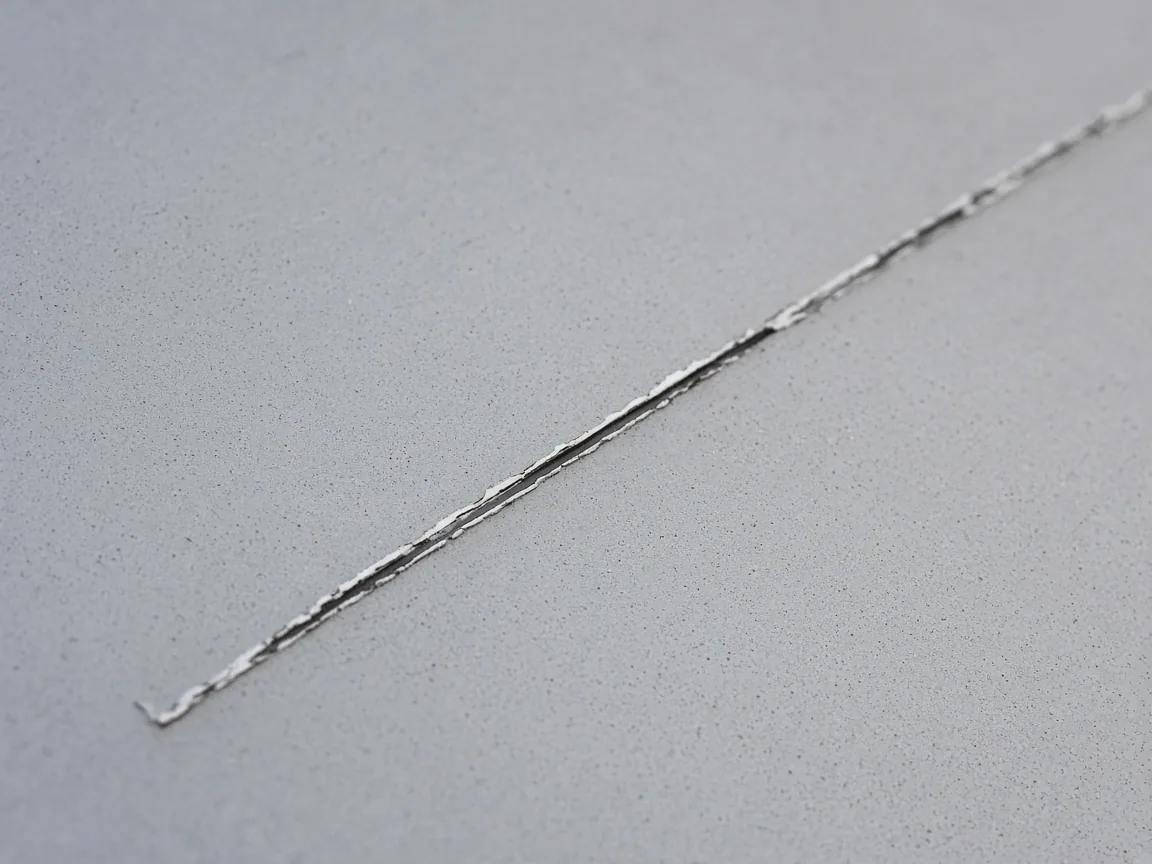 A thin dark scratch in light gray painted metal, with chipped paint along the line.